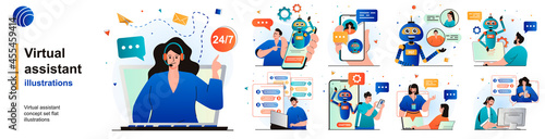 Virtual assistant isolated set. User call to hotline, online chat bot support. People collection of scenes in flat design. Vector illustration for blogging, website, mobile app, promotional materials. photo