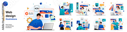 Web design isolated set. Designers create website layout, place elements. People collection of scenes in flat design. Vector illustration for blogging, website, mobile app, promotional materials.