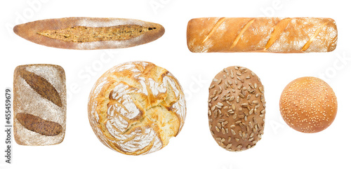 Bakery products baking, set of white and dark bread, top view, isolated on white background