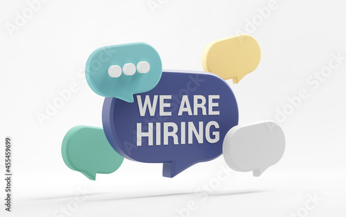 Foto We're Hiring text on speech bubble on white background, Hiring recruitment open vacancy design info label template, 3d render
