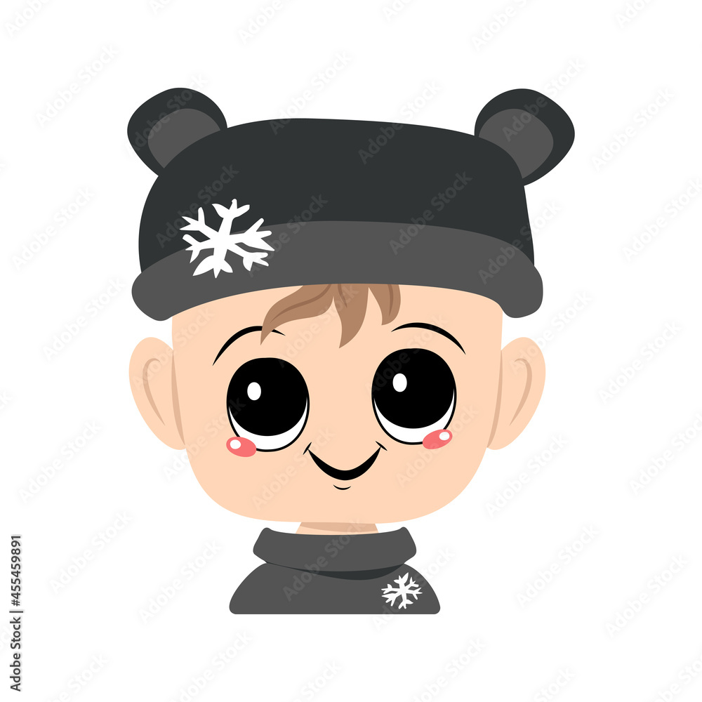Avatar of a child with big eyes and a wide smile in a bear hat with a snowflake. A cute kid with a joyful face in an autumnal or winter headdress. Head of adorable baby with happy emotions Avatar of a child with big eyes and a wide smile in a bear hat with a snowflake. A cute kid with a joyful face in an autumnal or winter headdress. Head of adorable baby with happy emotions