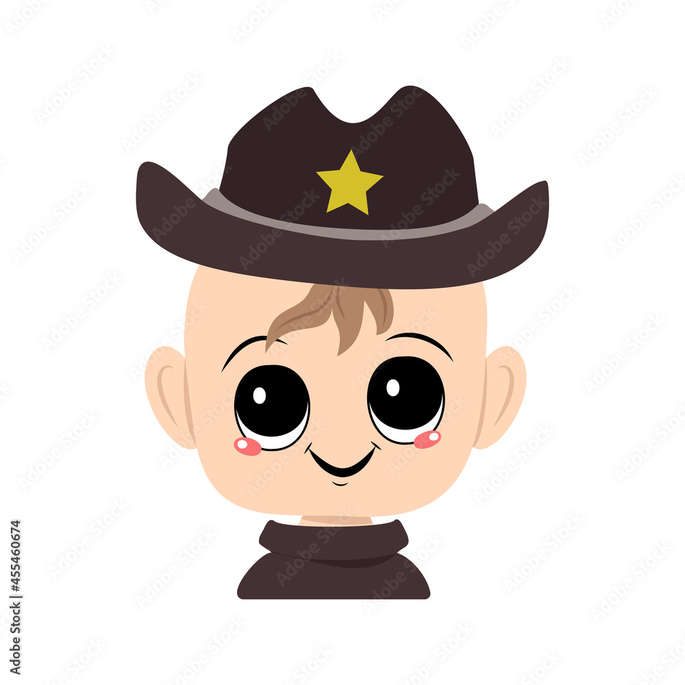 Avatar of a child with big eyes and a wide smile in a sheriff hat with a yellow star. Cute kid with a joyful face in a carnival costume. Head of adorable baby with happy emotions