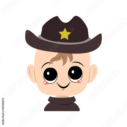 Avatar of a child with big eyes and a wide smile in a sheriff hat with a yellow star. Cute kid with a joyful face in a carnival costume. Head of adorable baby with happy emotions