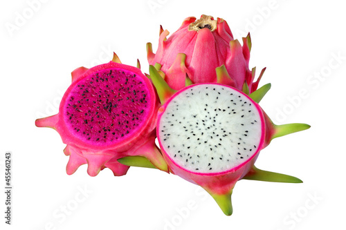 red and whte dragon fruit isolated on white background