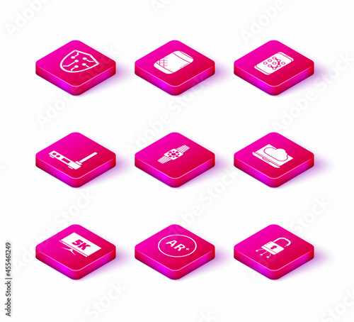 Set Monitor display with 5k video, Smartwatch, Lock digital circuit board, Cloud technology data transfer storage, Mobile graphic password protection and Voice assistant icon. Vector