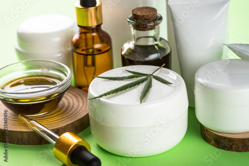 Cannabis cosmetic products. Natural cosmetic concept. Cream, soap, serum, essential oil and others.