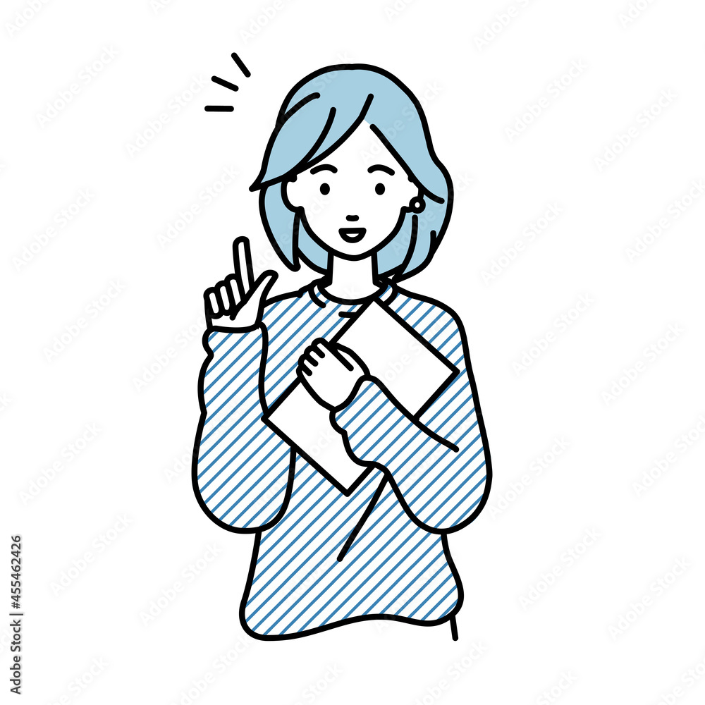 立って書類を手に持って何かひらめいたリモートワークの女性 立って書類を手に持って何かひらめいたリモートワークの女性