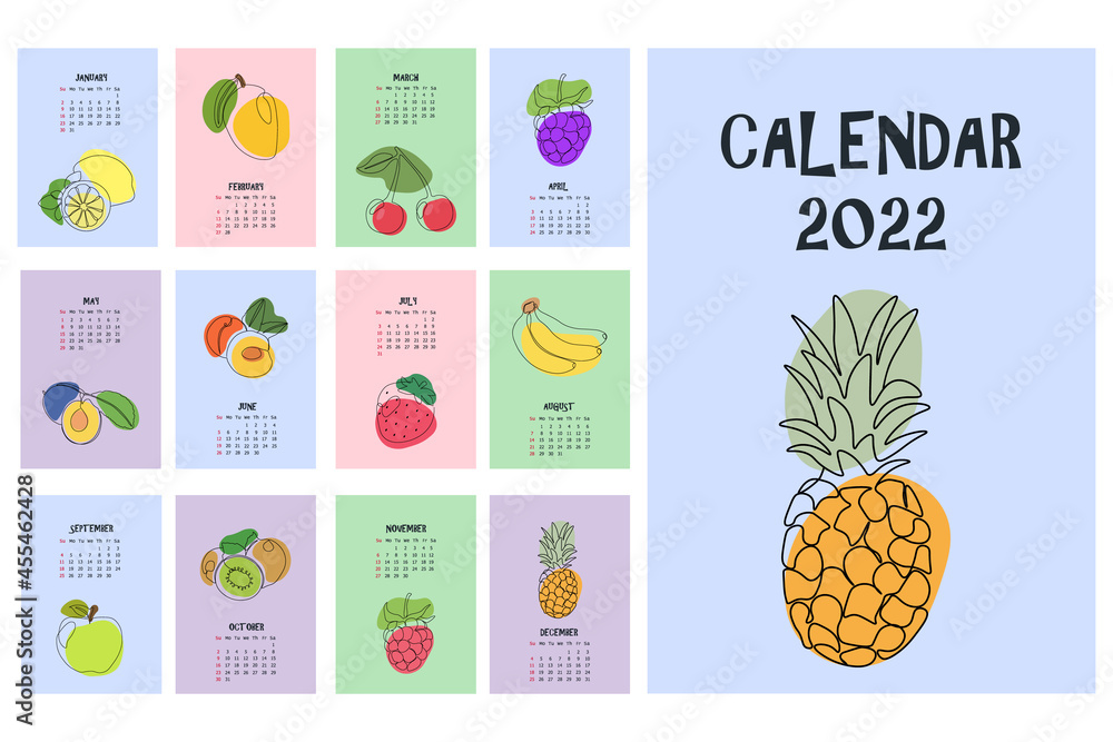 Cute calendar with cartoon fruits. 2022 calendar with fruits.  Minimalistic calendar for the year for print. Black line art with colorful spots. Wall vertical calendar.