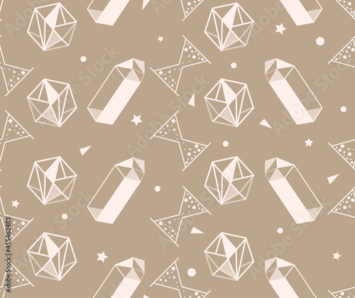 Set of magic items of alchemy and esoteric, philosophical magic stone, hourglass. Seamless pattern in style of tarot cards design for packaging, groups, web pages, business cards.