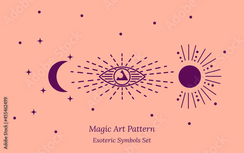 Esoteric symbol of opening of third eye of soul, moon, sun and stars. Illustration of magic session, look into future, connection with universe. Vector drawing for tarot cards, groups, web pages.