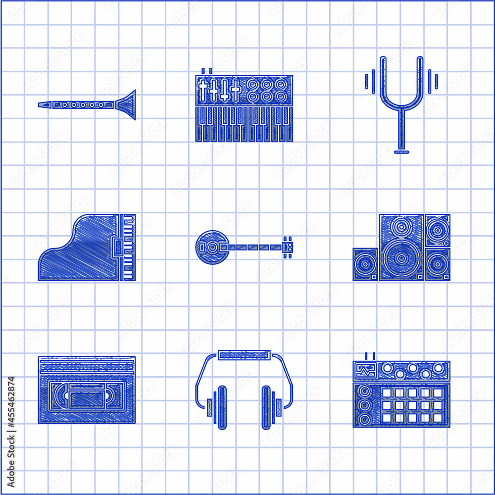 Set Banjo, Headphones, Drum machine, Stereo speaker, VHS video cassette tape, Grand piano
