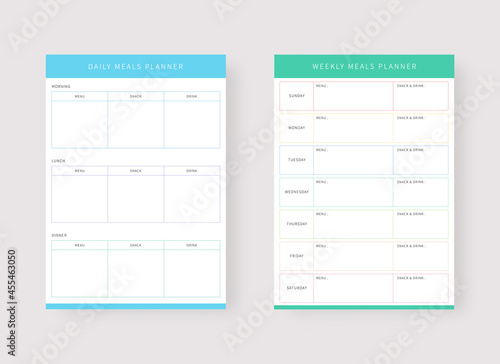 Daily meals and weekly meals planner template. Set of planner and to do list. Modern planner template set. Vector illustration. photo