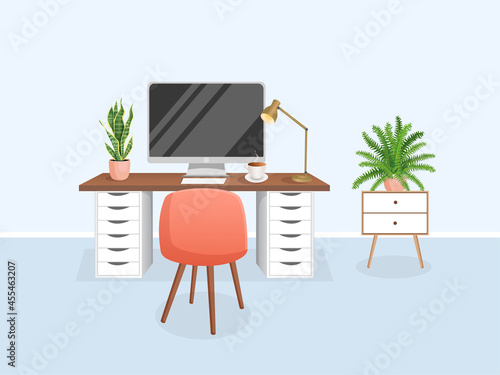 Cozy workplace with houseplants. Modern interior for home office with computer, cabinet, remote work, freelance, education. Vector illustration in flat cartoon style. Comfortable workspace and room.