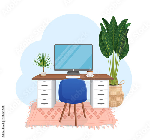 Workspace with computer, table, plant, chair, carpet and cup on isolated white background for home office, cabinet, remote work, freelance, teaching. Vector illustration in flat cartoon style.