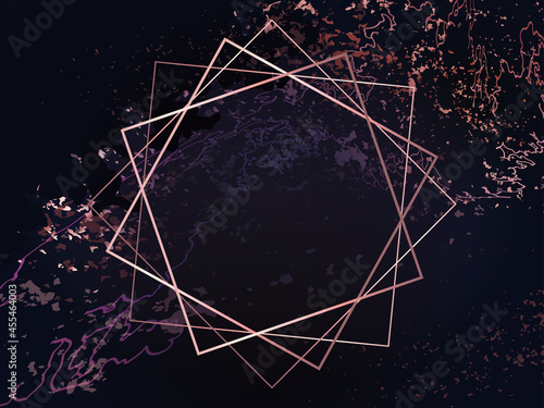 Rose gold background with thin metal frame on marble texture vector illustration.