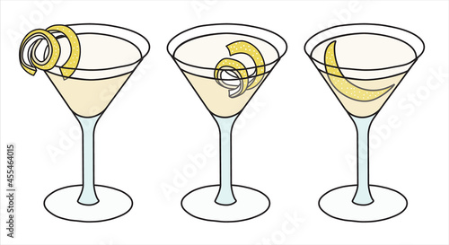 Vesper or Corpse Reviver classic IBA listed cocktail in highball glass. A collection set of three gin based transparent drinks garnished with lemon twist. Stylish doodle cartoon vector illustration