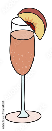 Bellini classic IBA listed cocktail in flute glass. A sparkling wine and juice based drink garnished a slice of peach. Stylish hand-drawn doodle cartoon hipster style vector illustration.