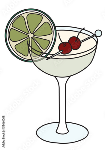 Hemingway Special classic IBA listed cocktail in flute glass. A rum based drink garnished a slice of lime and cherries. Stylish hand-drawn doodle cartoon hipster style vector illustration