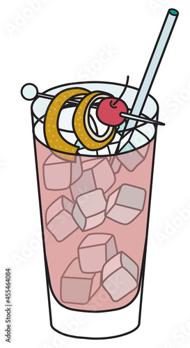 Sea Breeze classic IBA listed cocktail in highball glass. Vodka based pink drink garnished with orange twist and cherry. Stylish hand-drawn doodle cartoon hipster style vector illustration