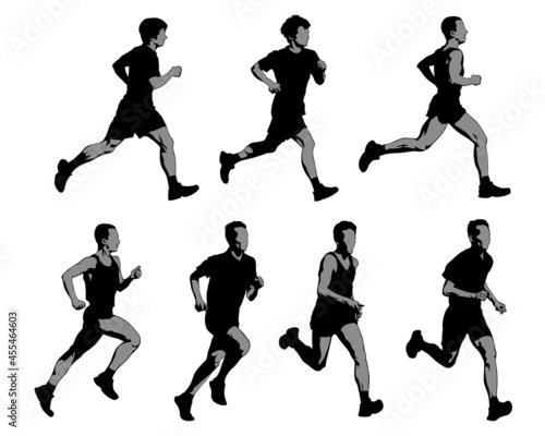 Young athletes run a marathon. Isolated silhouettes on white background