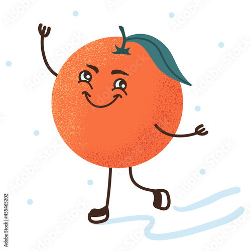 Cute cartoon character tangerine ice skating in winter. Christmas vector illustration for kids