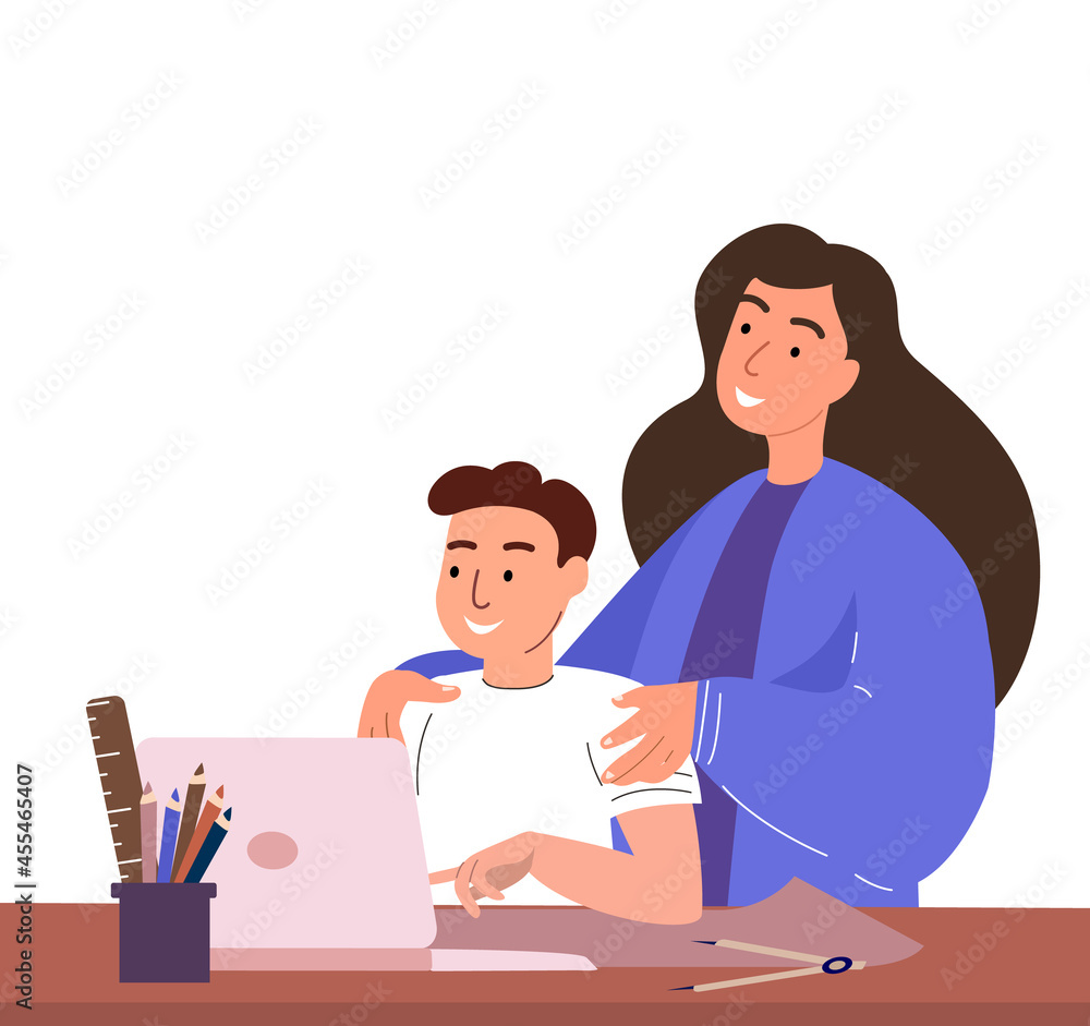 Parent or Teacher and son boy sitting at desk with laptop PC, studying online together.Mother and kid watching, reading and learning at home.Flat vector illustration of mom and son isolated on white Parent or Teacher and son boy sitting at desk with laptop PC, studying online together.Mother and kid watching, reading and learning at home.Flat vector illustration of mom and son isolated on white