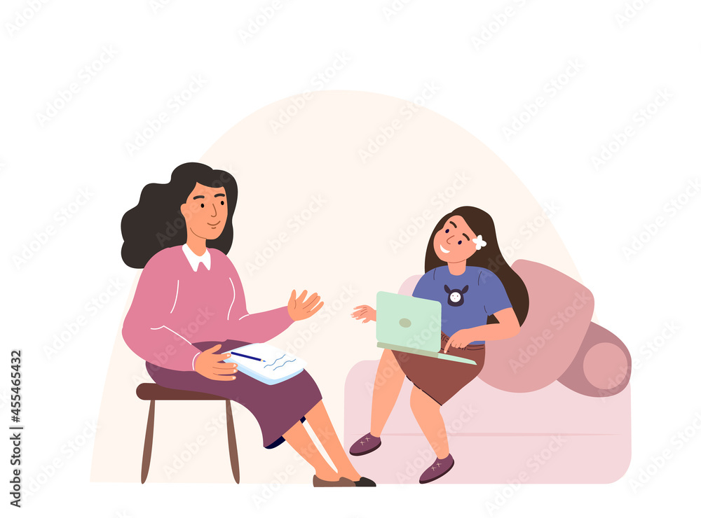 Teacher Tutor and shcool girl sitting with laptop PC, studying together.Woman Lecturer Teacher and kid watching, reading and learning at home.Flat vector illustration of isolated on white background Teacher Tutor and shcool girl sitting with laptop PC, studying together.Woman Lecturer Teacher and kid watching, reading and learning at home.Flat vector illustration of isolated on white background