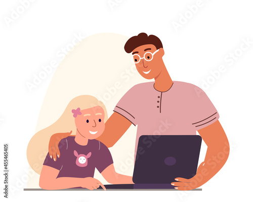 Parent helping child do homework.Father,school kid sitting at desk with laptop,studying at home together.Dad supporting girl in learning.Colored flat vector illustration isolated on white background