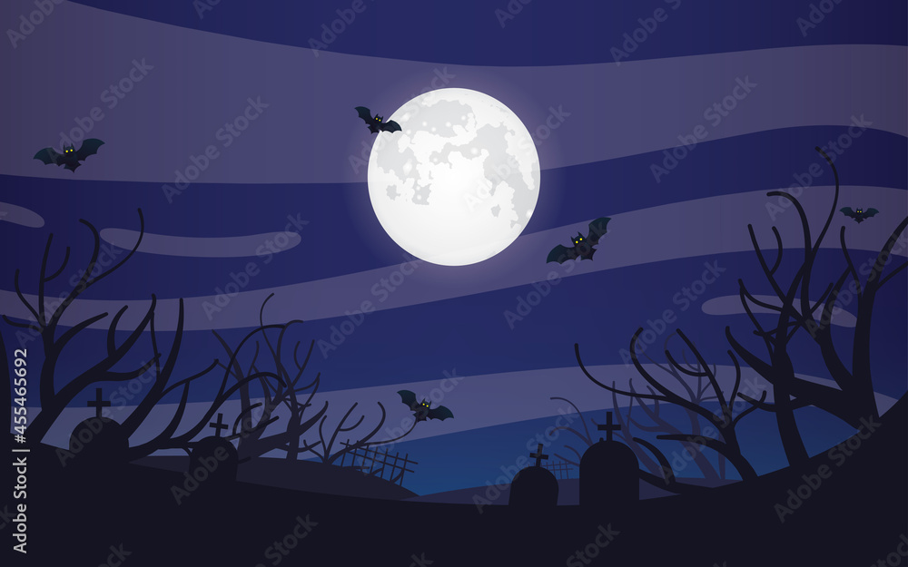 Scary and Eerie Night on Bright Full Moon background, Halloween Night Vector illustration.
