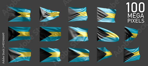 many different realistic renders of Bahamas flag isolated on grey background - 3D illustration of object