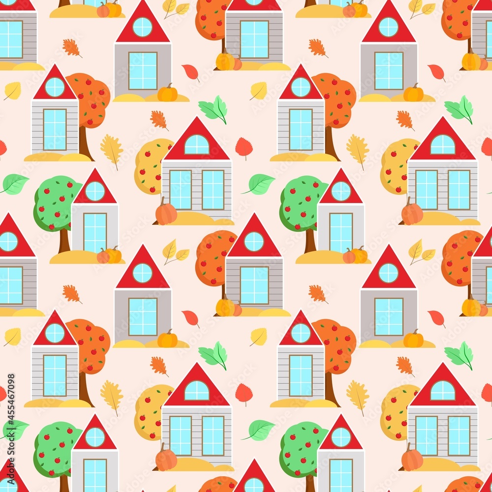Autumn houses bright beautiful seamless pattern. Fall background with houses, colorful leaves, trees and pumpkins. Template for wallpaper, packaging, fabric and product design vector illustration