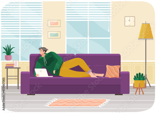Man lying on couch with computer, holding laptop and correspondence surfing in Internet. Male character communicating with friends, studying remotely, sitting on sofa, relaxing, resting after work