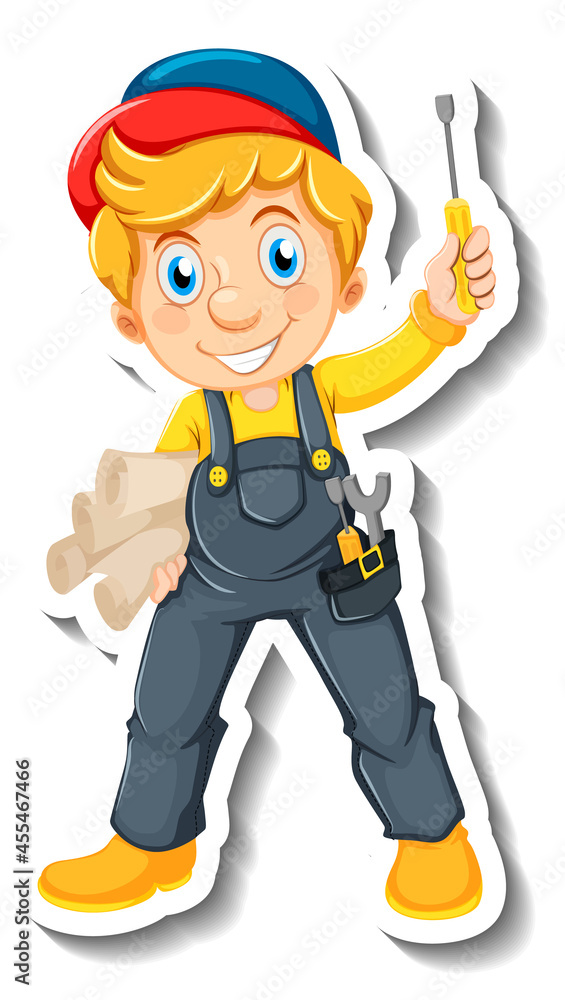 Sticker design with auto mechanic cartoon character