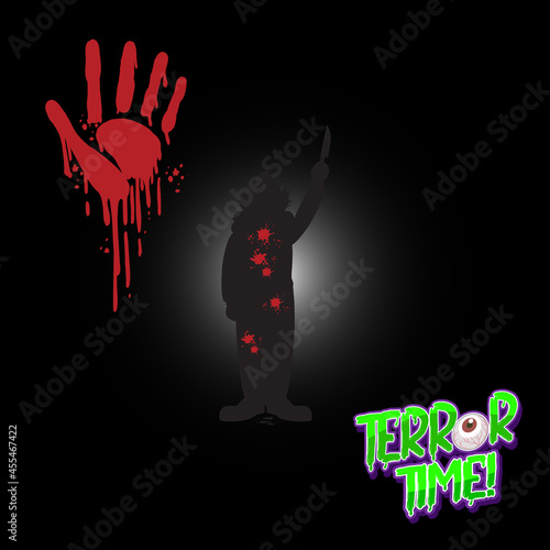Terror Time logo with bloody hand print and clown silhouette