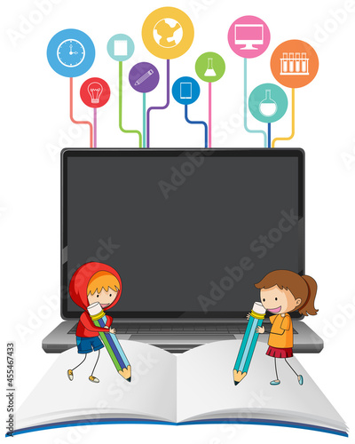 Laptop computer with cartoon kids on the opened book