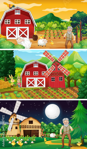 Different farm scenes with old farmer and animal cartoon character