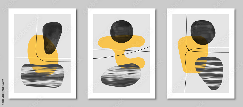 Set of trendy contemporary abstract creative minimalist hand painted compositions for wall decoration, postcard or brochure cover design in vintage style art. EPS10 vector.