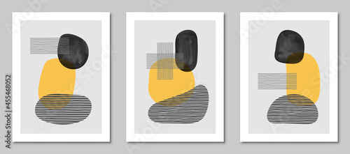 Set of trendy contemporary abstract creative minimalist hand painted compositions for wall decoration, postcard or brochure cover design in vintage style art. EPS10 vector.