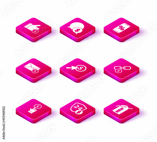 Set Hand holding coin, Shield with dollar, Envelope, Cursor, Price tag New, Chain link, Percent discount mobile and Speech bubble icon. Vector