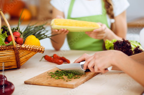 Unknown young woman slicing greens for a delicious fresh vegetarian salad while sitting and smiling at the kitchen desk, just hands, close-up. Cooking concept