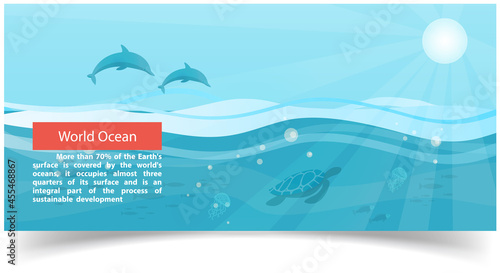 Ocean banner with dolphins, fish, jellyfish and turtle. Underwater life of sea creatures. World ocean with waves under sunshine. Marine environment with sea dwellers. Wild nature of mediterranean sea
