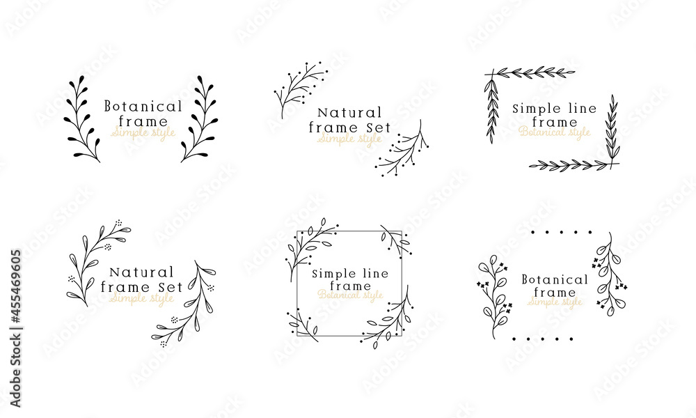 植物のフレームセット　シンプル　線画　ボタニカル　ナチュラル　葉　飾り　装飾　あしらい　枠　おしゃれ