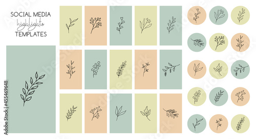 Instagram highlights stories templates and icons with hand drawn plants. Vector minimal floral trendy backgrounds