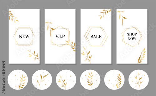 Luxury stories templates and icons for instagram. Golden leaves and frames with text on a white background. Social media highlights