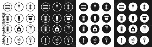 Set Classic Barber shop pole, Cream or lotion cosmetic tube, Shaving brush, Barbershop, Mustache and beard, Hairbrush, and gel foam icon. Vector