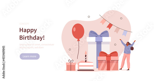 Birthday party celebration. Character standing near birthday cake, gift boxes and balloons. Happy birthday concept. Flat cartoon vector illustration.