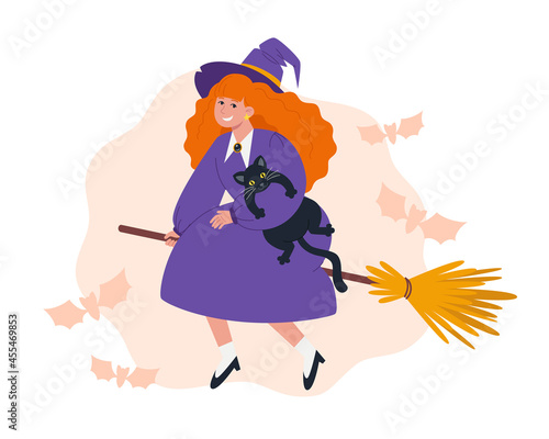 A witch in a purple dress and hat flies on a witch's broomstick with a black cat