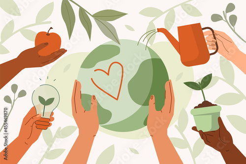 People taking care about planet earth and saving from climate change. Characters hands holding eco friendly objects. Sustainable lifestyle and climate change concept. Flat cartoon vector illustration.
