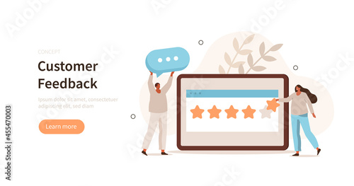 People сharacters giving five star feedback and leaving comment to show satisfaction rating. Customer service and user experience concept. Flat cartoon vector illustration.