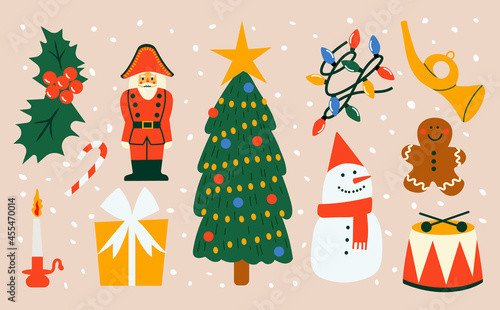 Christmas decorative collection with various Christmas elements and symbols. Greeting card, poster, or banner template. Vector hand drawn illustration.